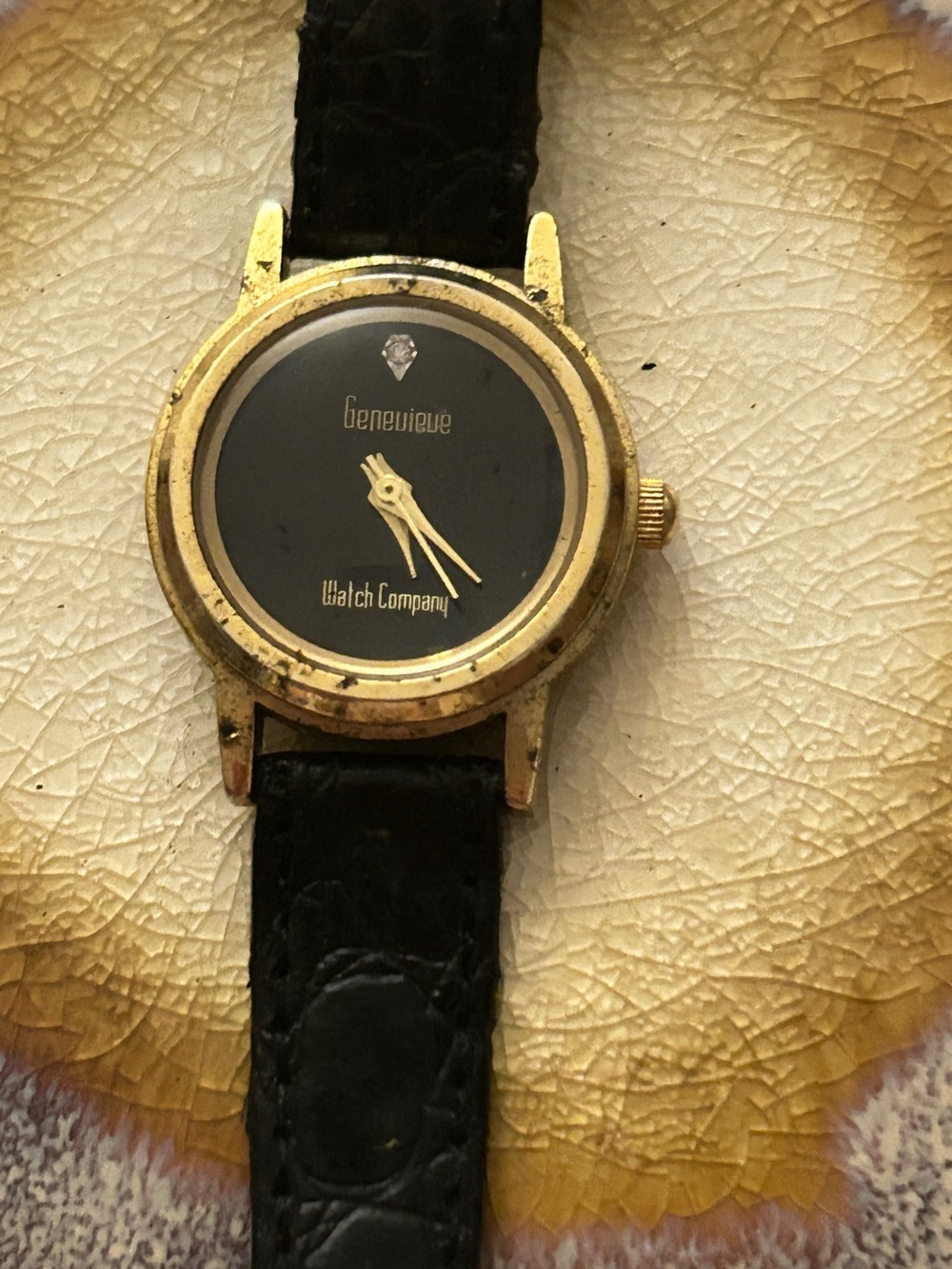 Genevieve Black and Gold Watch GENUINE Diamond GUC - Untested